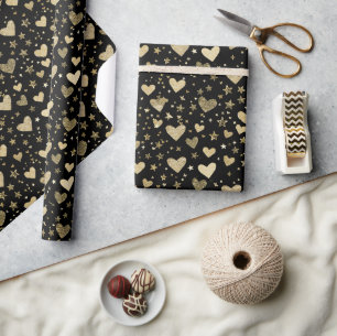 Black With Gold Sparkle Hearts Wrapping Paper