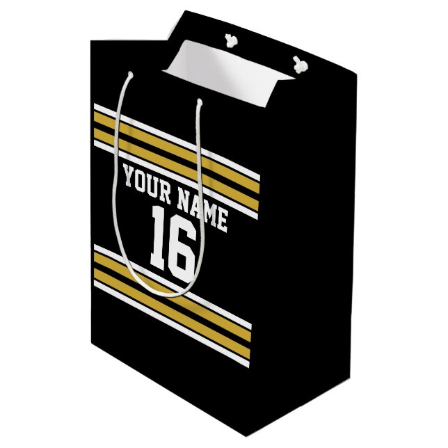 Black with Gold White Stripes Team Jersey Medium Gift Bag (Back Angled)