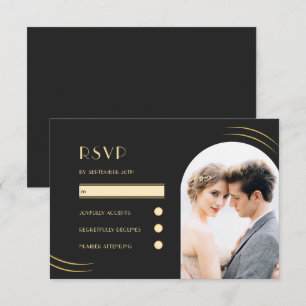 Black with Golden Wisps Photo Wedding RSVP Card