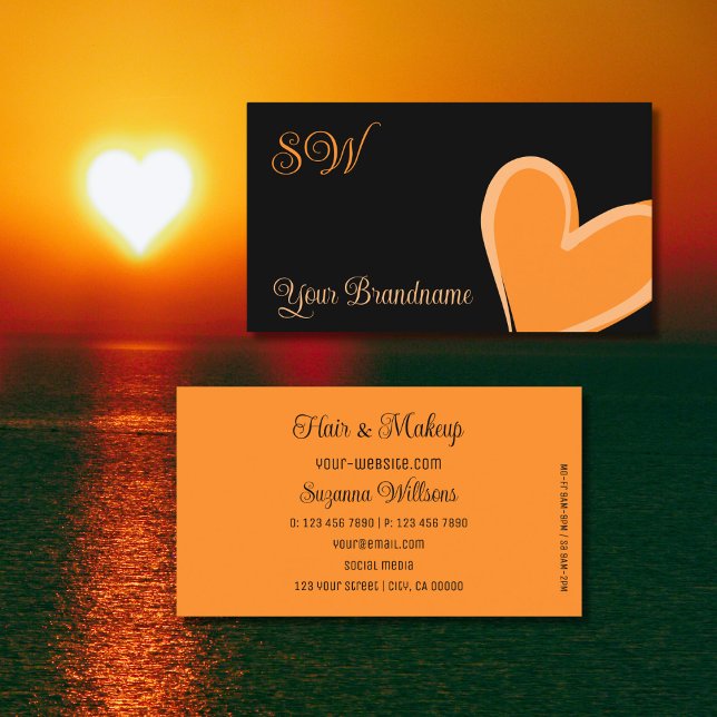 Black with Gorgeous Orange Heart and Monogram Cute Business Card (Creator Uploaded)