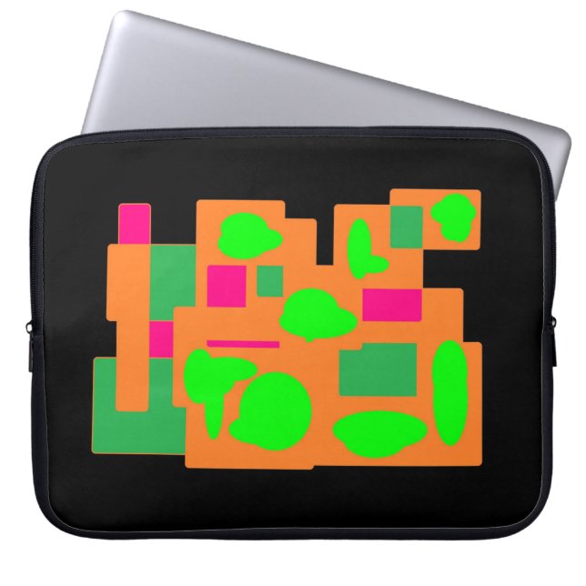 Black with green pink peach design block patterned laptop sleeve (Front)