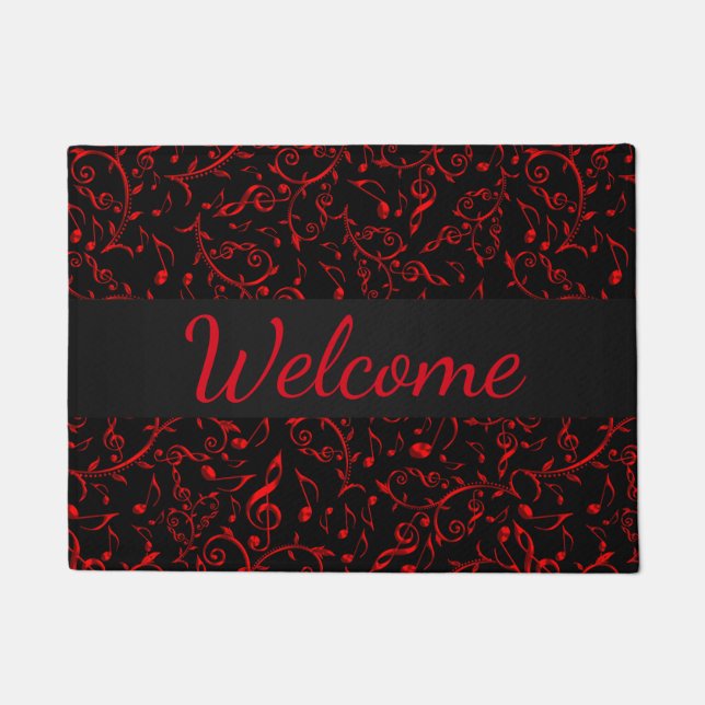 Black with Holiday Red Music Notes Doormat (Front)