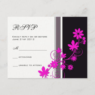 Black with Hot Pink Flower Wedding RSVP Card