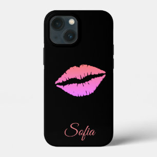 Black with lips iphone name customization cover. iPhone 13 mini case