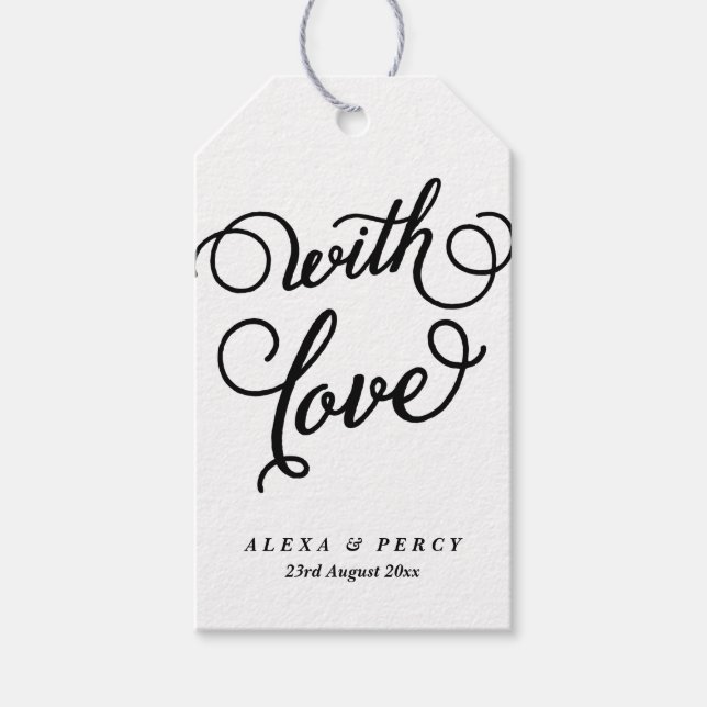 Black With Love Whimsical Script Wedding Gift Tag (Front)