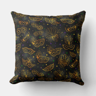 BLACK WITH ORANGE GOLD MARDI GRAS MASKS THROW PILLOW