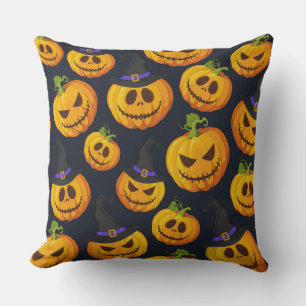 BLACK WITH ORANGE HALLOWEEN PUMPKINS WITH HATS THROW PILLOW