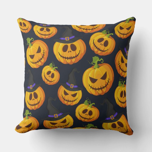BLACK WITH ORANGE HALLOWEEN PUMPKINS WITH HATS THROW PILLOW (Front)