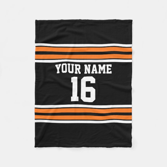 Black with Orange White Stripes Team Jersey Fleece Blanket (Front)