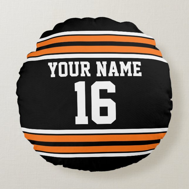 Black with Orange White Stripes Team Jersey Round Pillow (Front)