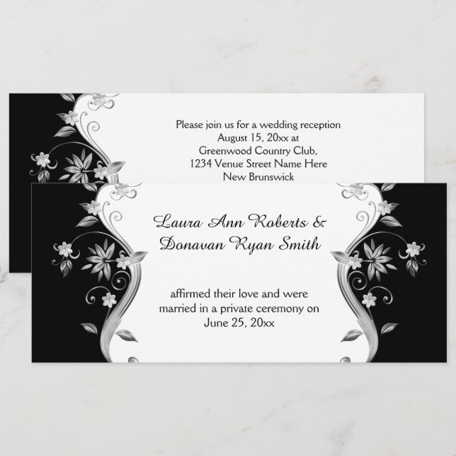 Black with Ornate Silver Flowers Swirls Reception Invitation (Front/Back)