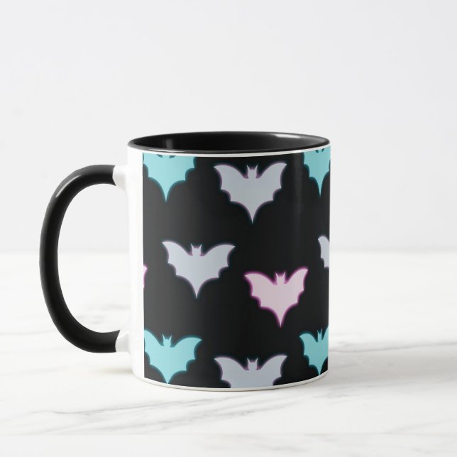 Black with Pastel Coloured Bats Halloween Mug (Left)