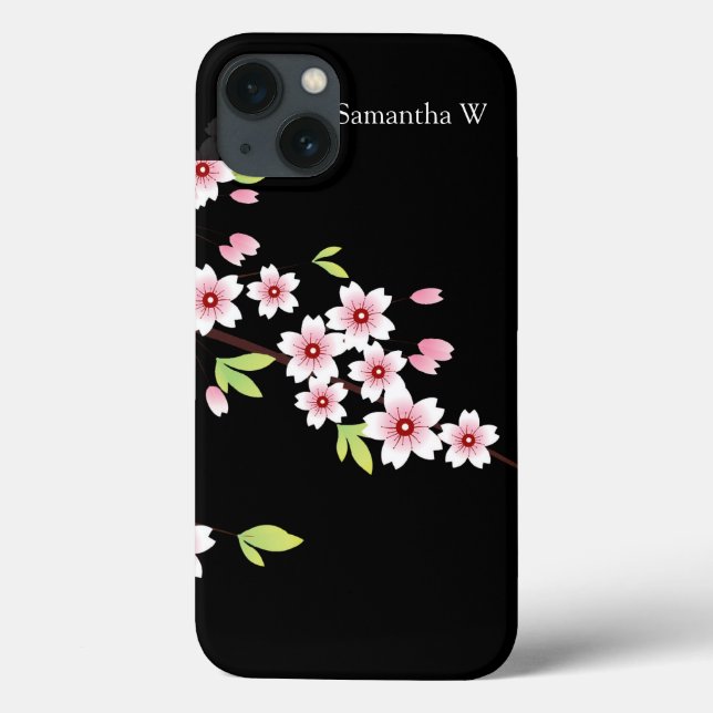 Black with Pink and Green Cherry Blossom Sakura Case-Mate iPhone Case (Back)