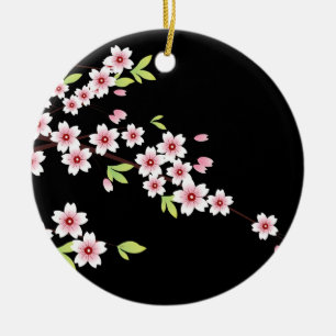 Black with Pink and Green Cherry Blossom Sakura Ceramic Ornament