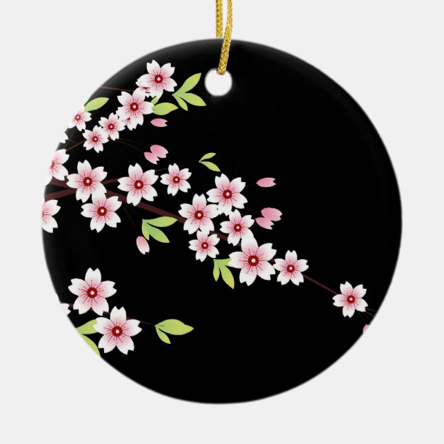 Black with Pink and Green Cherry Blossom Sakura Ceramic Ornament (Front)