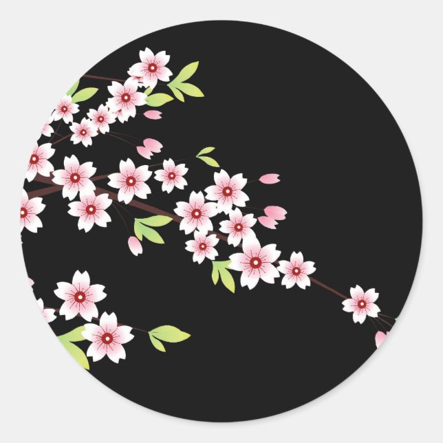 Black with Pink and Green Cherry Blossom Sakura Classic Round Sticker (Front)