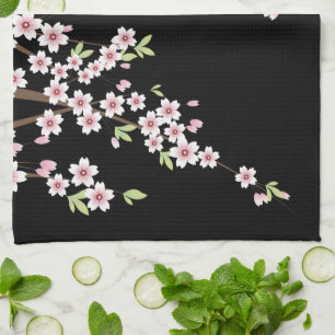 Black with Pink and Green Cherry Blossom Sakura Kitchen Towel