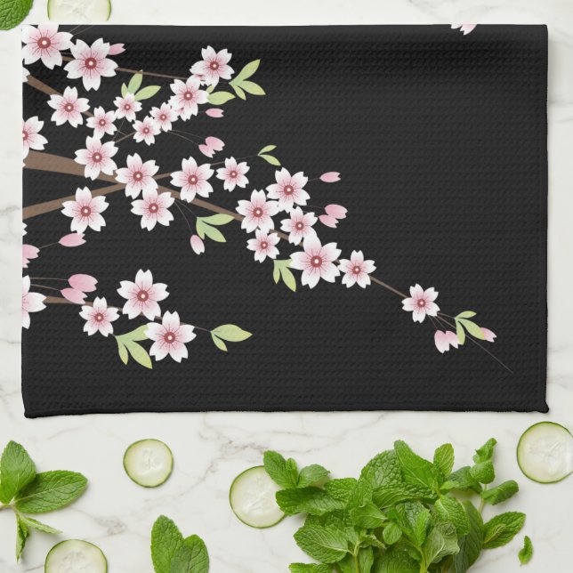 Black with Pink and Green Cherry Blossom Sakura Kitchen Towel (Folded)