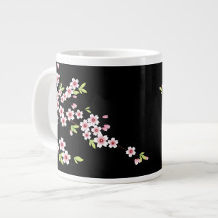 Black with Pink and Green Cherry Blossom Sakura Large Coffee Mug