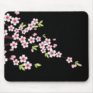 Black with Pink and Green Cherry Blossom Sakura Mouse Pad