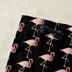 BLACK WITH PINK FLAMINGOS BEACH TOWEL