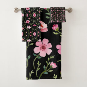 Black With Pink Floral Three Piece Bath Towel Set