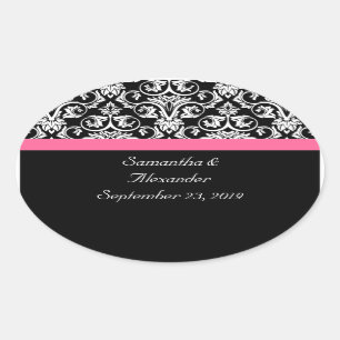 Black with Pink Passion Damask Oval Sticker
