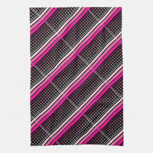 Black with pink polka dots and striped pattern kitchen towel