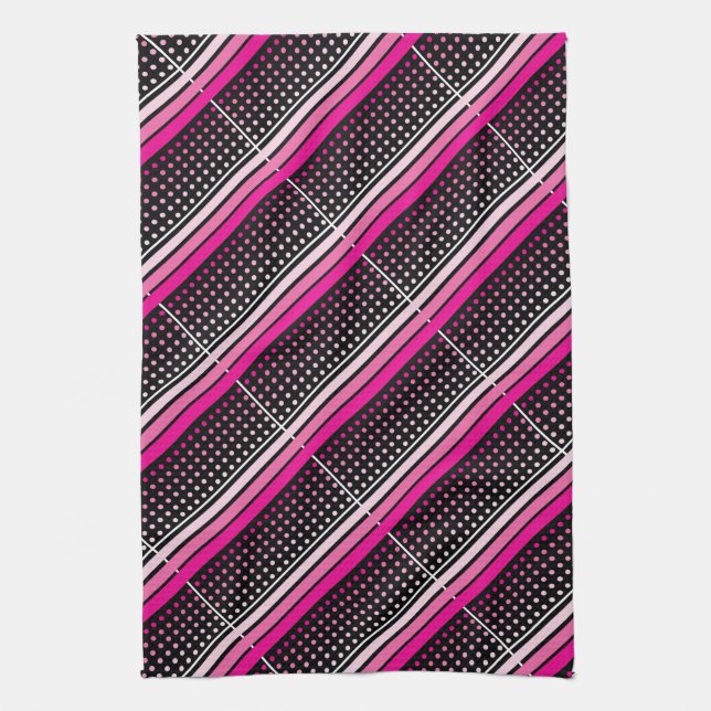 Black with pink polka dots and striped pattern kitchen towel (Vertical)