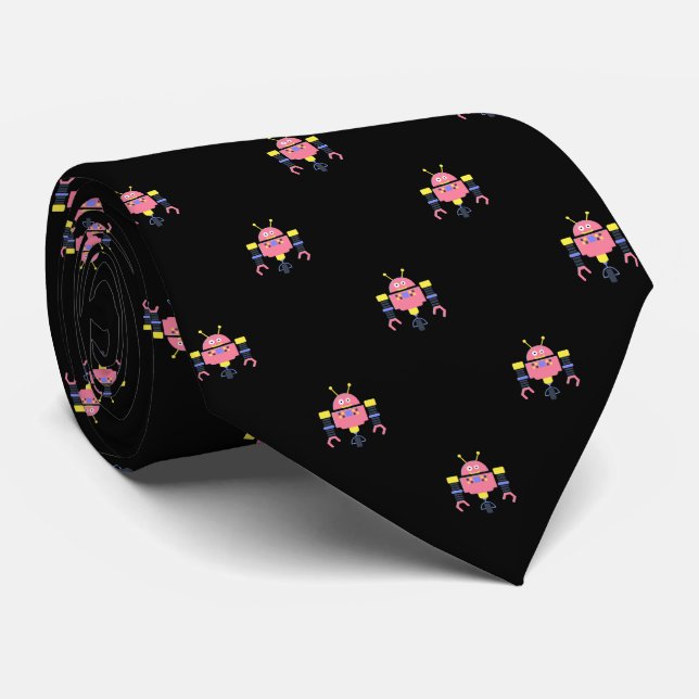 Black with Pink Robot Patterned Tie (Rolled)