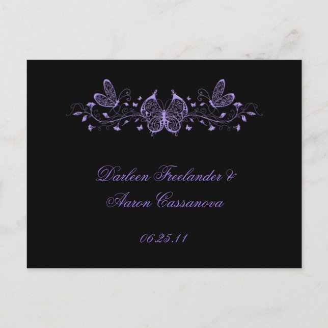 Black with Purple Butterflies Announcement Postcard (Front)
