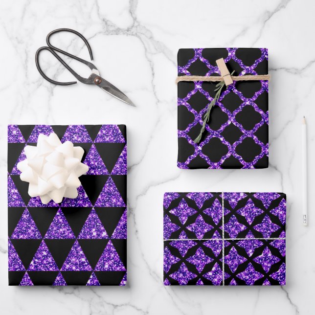 BLACK WITH PURPLE GLITTER LOOK HALLOWEEN WRAPPING PAPER SHEET (Front)