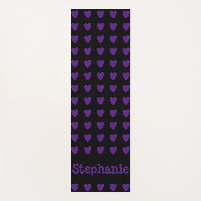 Black with Purple Hearts Yoga Mat (Front)