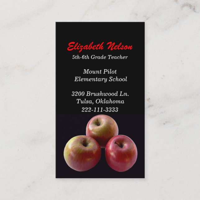 Black with Red Apples Teacher's business card (Front)