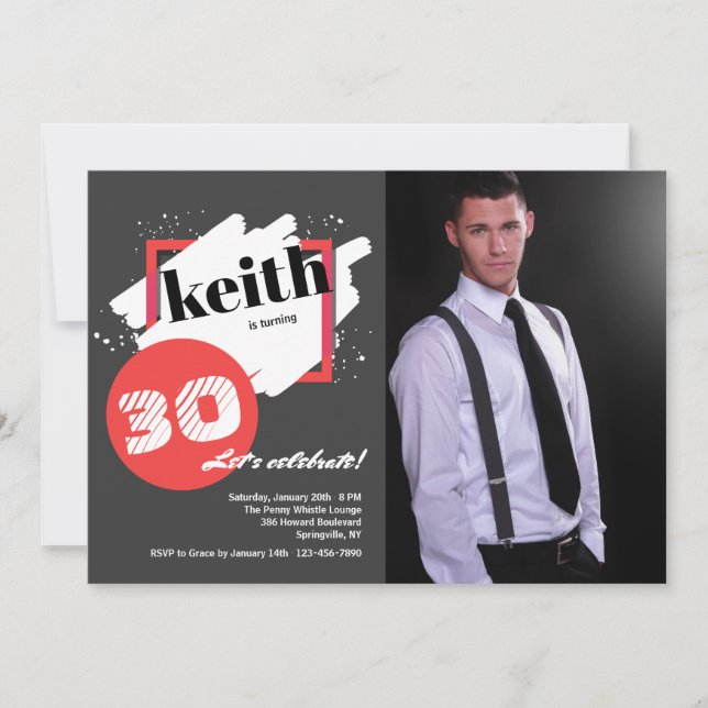 Black With Red Details Horizontal Photo Invitation (Front)