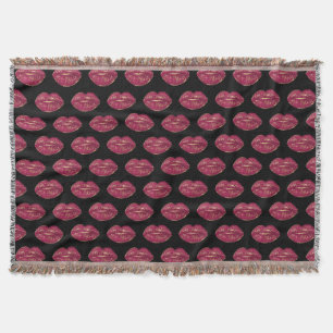 Black with Red Lips Throw Blanket