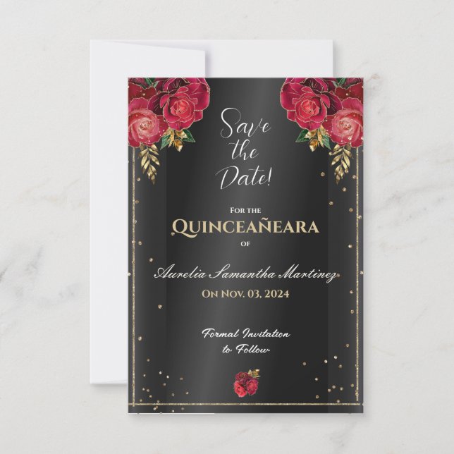 Black with Red Roses Quinceañera Save the Date (Front)