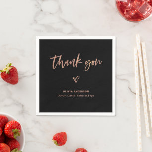 Black with Rose Gold Script and Heart Thank You Napkin
