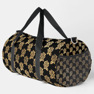 BLACK WITH ROWS OF GOLD ROSE FLOWERS DUFFLE BAG