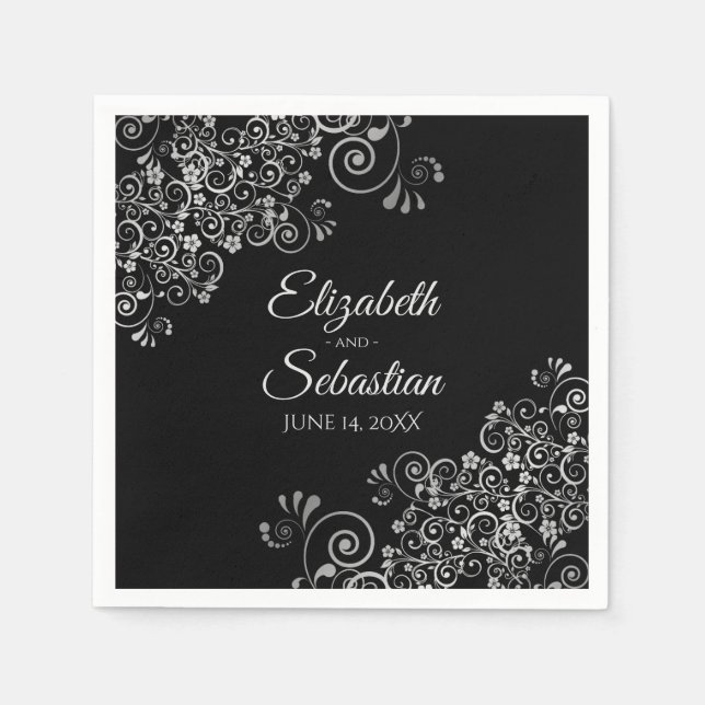 Black with Silver Frills Elegant Wedding Napkin (Front)