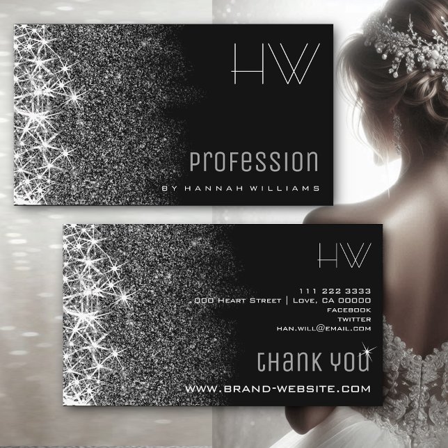 Black with Silver Glitter Stars Professional Event Business Card (Creator Uploaded)