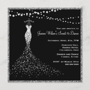 Black with Silver Glitter Sweet 16 Invitation