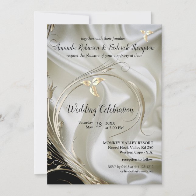 Black with Silver & Gold on Champagne Silk Wedding Invitation (Front)