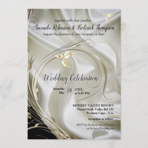 Black with Silver & Gold on Champagne Silk Wedding Invitation