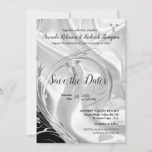 Black with Silver on Champagne Silk Save the Dates Invitation