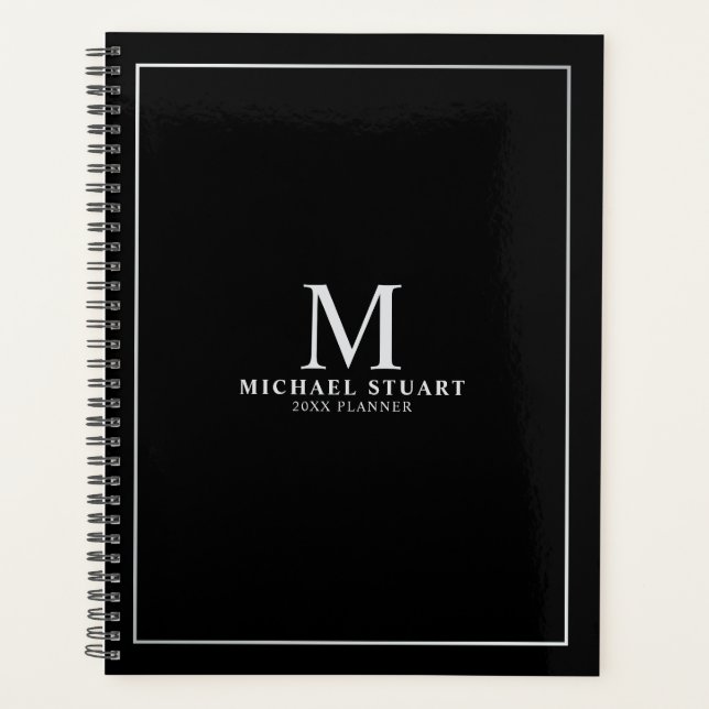 Black with Silver Personalized Monogram and Name Planner (Front)