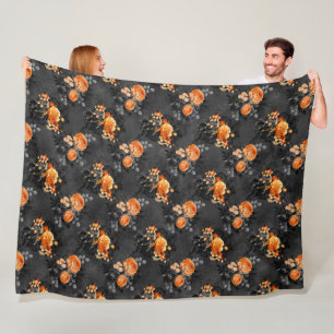BLACK WITH SPOOKY ORANGE HALLOWEEN FLORAL BOUQUETS FLEECE BLANKET