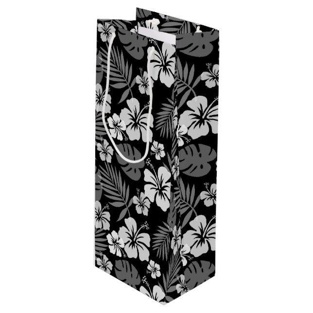 BLACK WITH TROPICAL WHITE HIBISCUS FLOWERS WINE GIFT BAG (Front Angled)