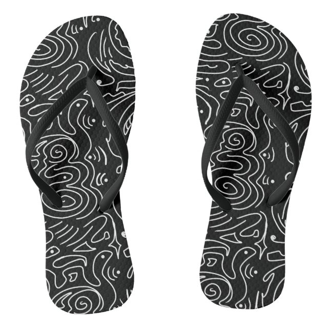 Black with White Abstract Wavy Line Flip Flops (Footbed)