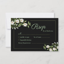 Black with White Camellia Wedding RSVP Card